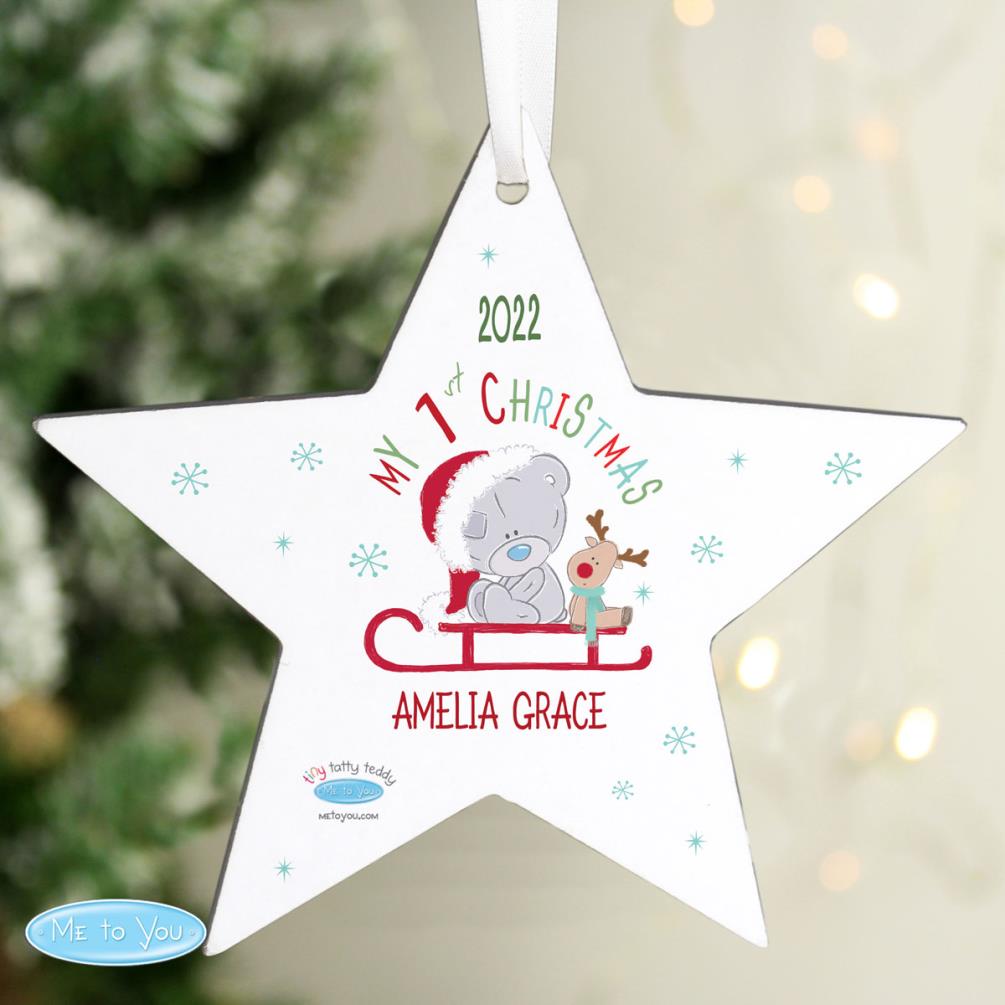 Personalised Tiny Tatty Teddy My 1st Christmas Sleigh Star Decoration Extra Image 1
